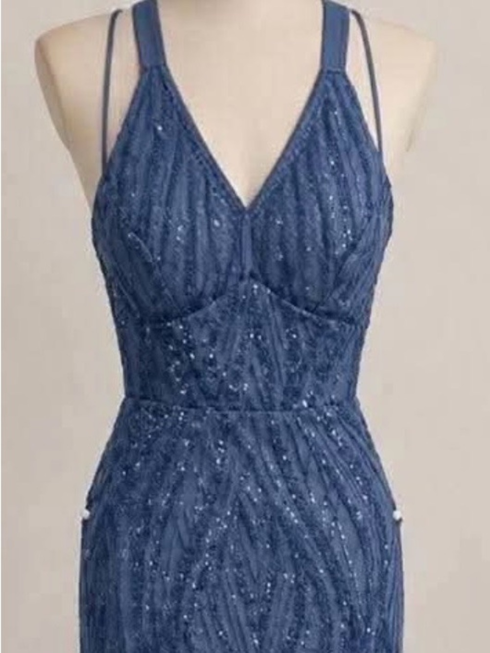 Beaded Deep Blue V-Neck Wedding Guest Dress